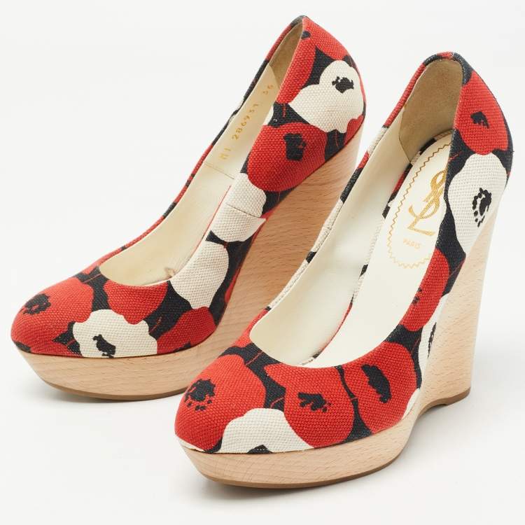 Pre Owned Yves Saint Laurent Tricolor Floral Print Canvas Wedge Pumps Size 36