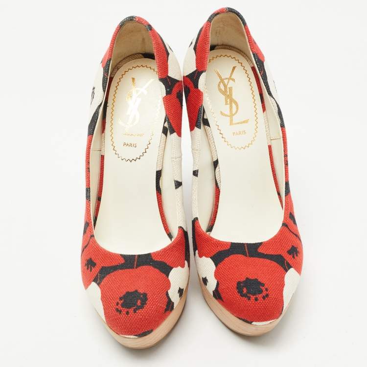 Pre Owned Yves Saint Laurent Tricolor Floral Print Canvas Wedge Pumps Size 36