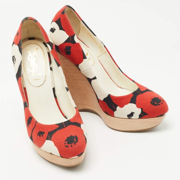 Pre Owned Yves Saint Laurent Tricolor Floral Print Canvas Wedge Pumps Size 36