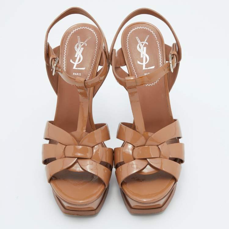 Pre Owned Yves Saint Laurent Beige Patent Leather Tribute Platform Sandals Size 38.5