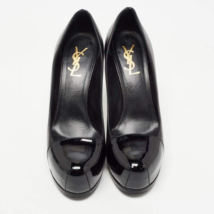 Pre Owned Yves Saint Laurent Black Leather and Patent Tribtoo Pumps Size 37