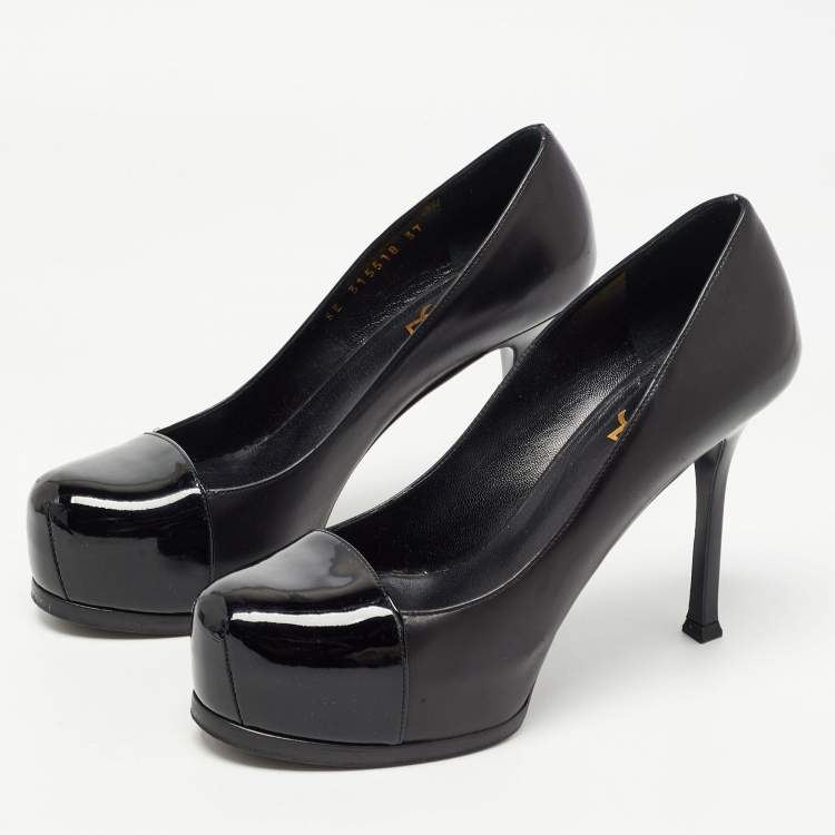 Pre Owned Yves Saint Laurent Black Leather and Patent Tribtoo Pumps Size 37