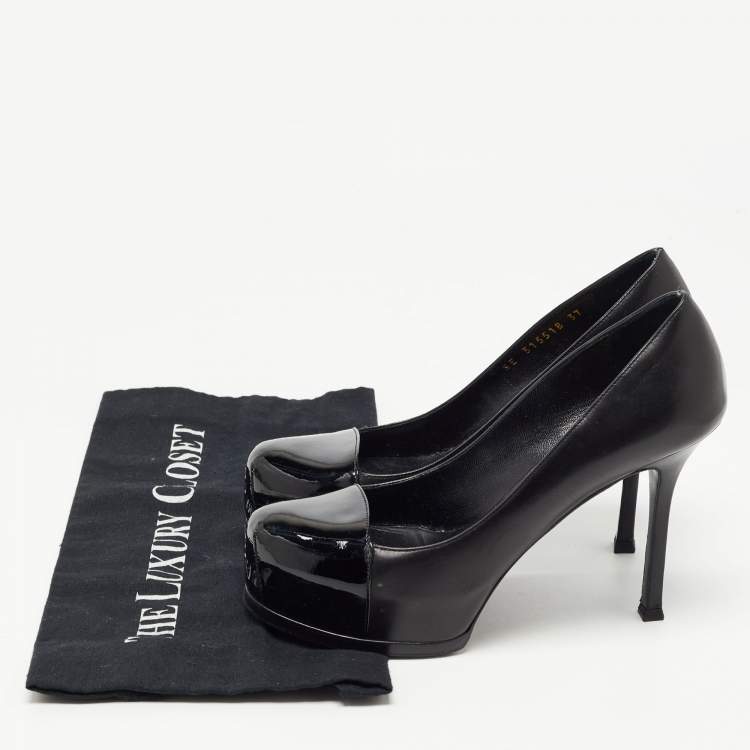 Pre Owned Yves Saint Laurent Black Leather and Patent Tribtoo Pumps Size 37