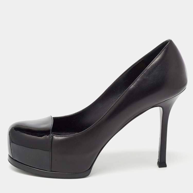 Pre Owned Yves Saint Laurent Black Leather and Patent Tribtoo Pumps Size 37