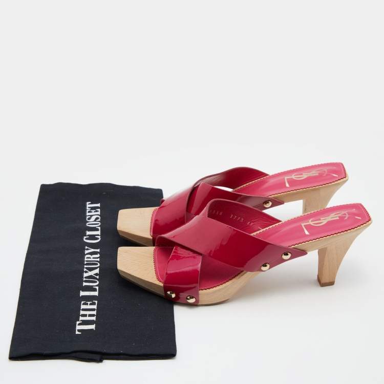 Pre Owned Yves Saint Laurent Pink Patent Leather and Wood Loulou Criss Cross Mules Size 40