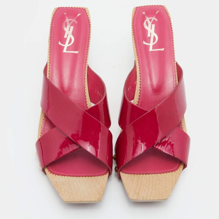 Pre Owned Yves Saint Laurent Pink Patent Leather and Wood Loulou Criss Cross Mules Size 40