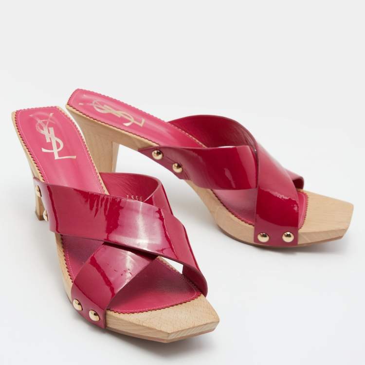 Pre Owned Yves Saint Laurent Pink Patent Leather and Wood Loulou Criss Cross Mules Size 40