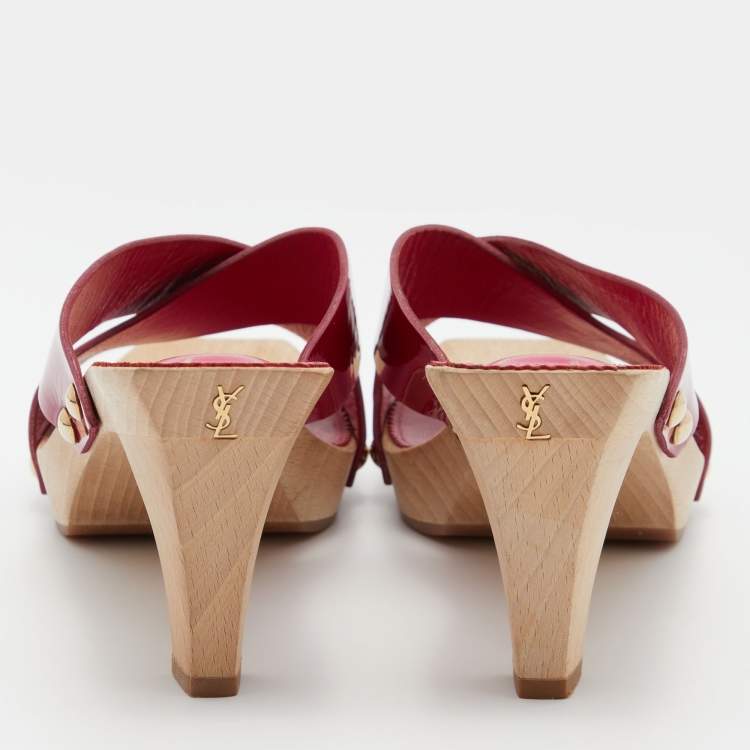 Pre Owned Yves Saint Laurent Pink Patent Leather and Wood Loulou Criss Cross Mules Size 40