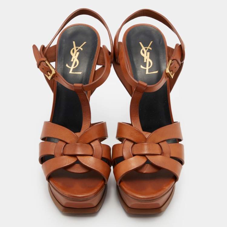 Pre Owned Saint Laurent Brown Leather Tribute Platform Ankle Strap Sandals Size 40