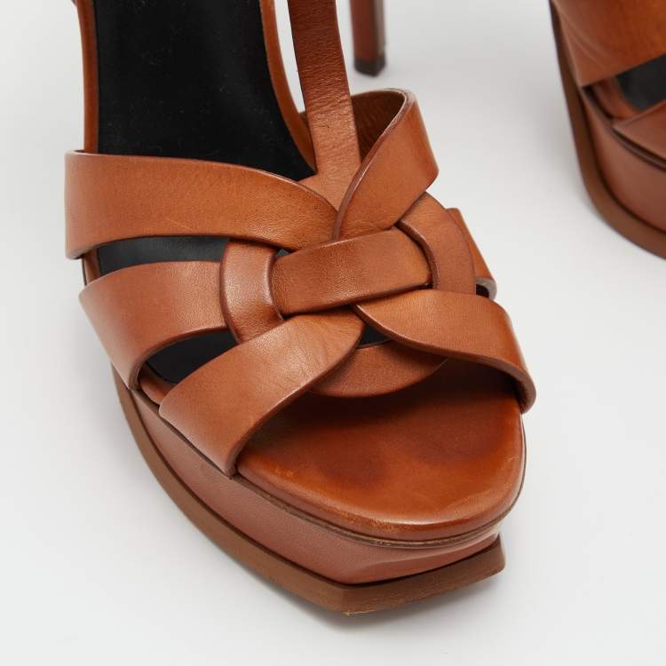 Pre Owned Saint Laurent Brown Leather Tribute Platform Ankle Strap Sandals Size 40