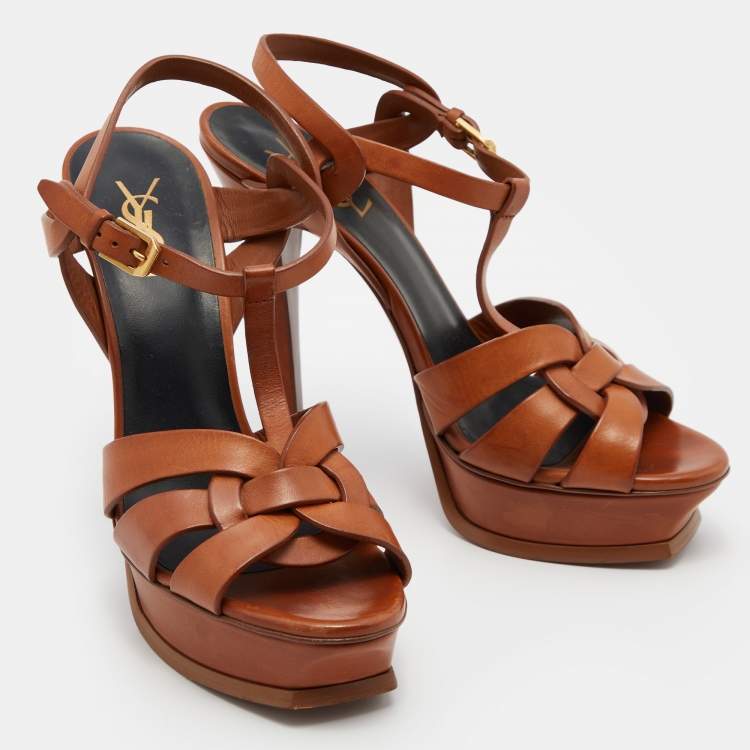 Pre Owned Saint Laurent Brown Leather Tribute Platform Ankle Strap Sandals Size 40