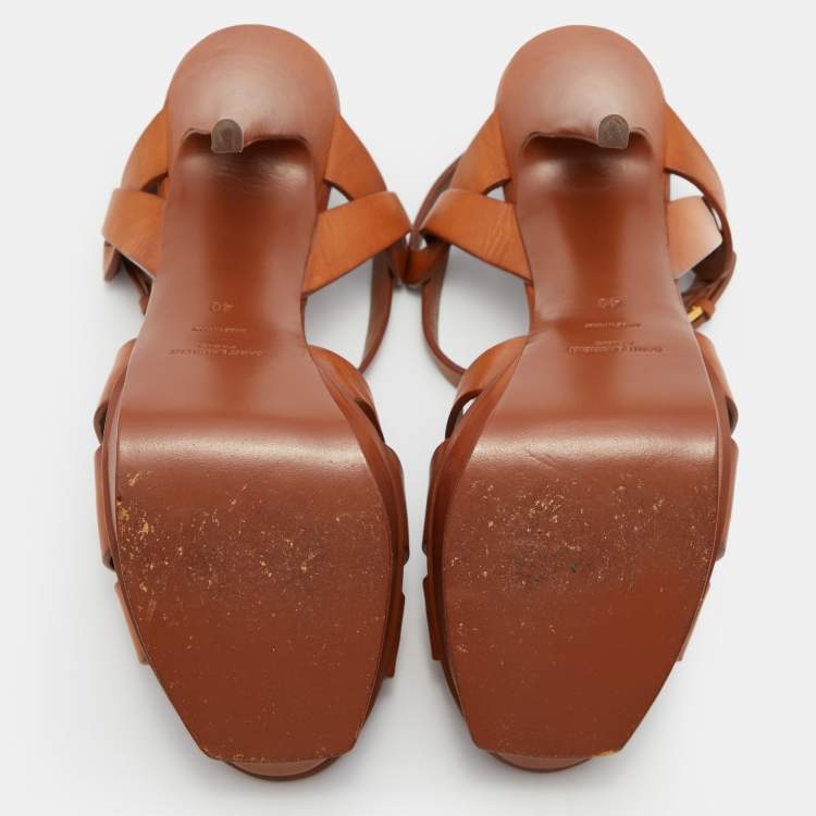 Pre Owned Saint Laurent Brown Leather Tribute Platform Ankle Strap Sandals Size 40