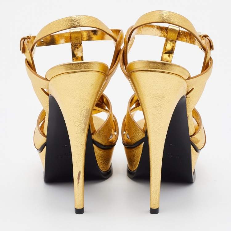 Pre Owned Yves Saint Laurent Gold Leather Tribute  Sandals Size 39