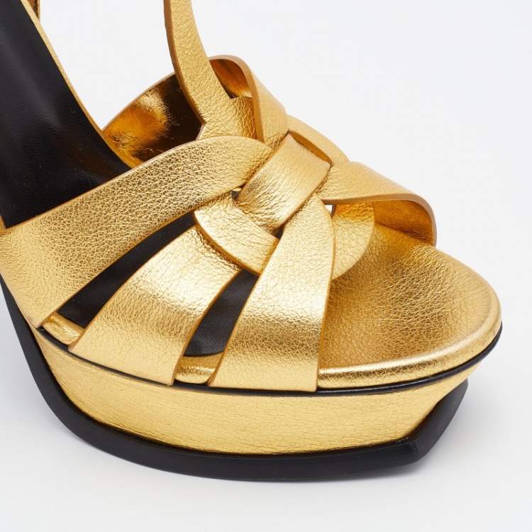 Pre Owned Yves Saint Laurent Gold Leather Tribute  Sandals Size 39