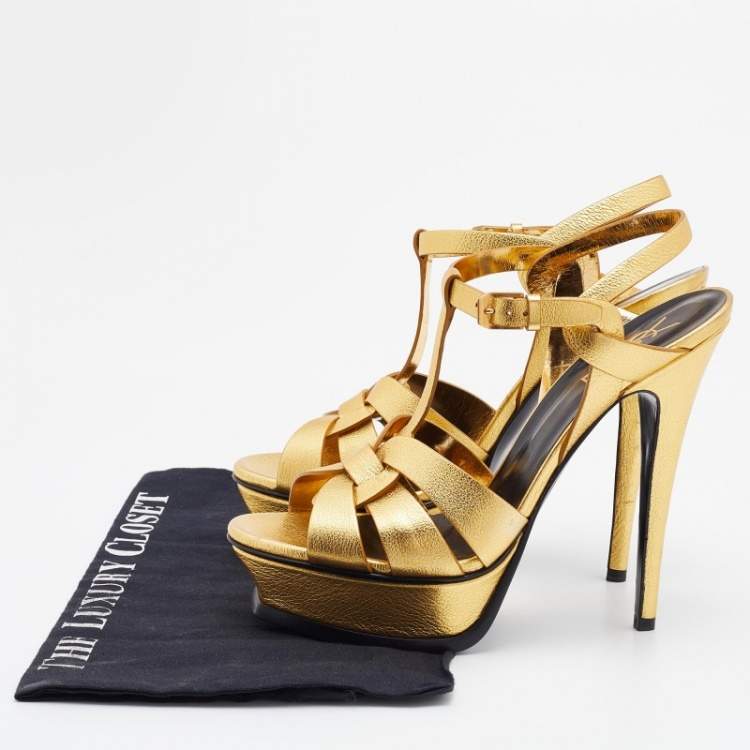 Pre Owned Yves Saint Laurent Gold Leather Tribute  Sandals Size 39