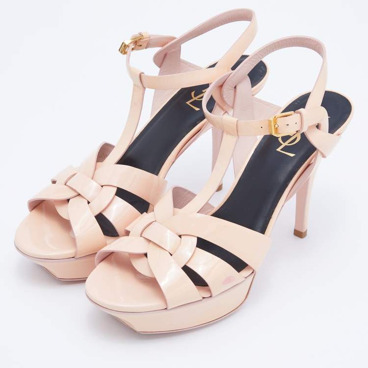 Pre Owned Yves Saint Laurent Peach Patent Leather Tribute Sandals Size 39.5