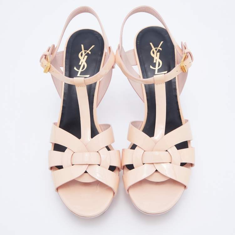 Pre Owned Yves Saint Laurent Peach Patent Leather Tribute Sandals Size 39.5