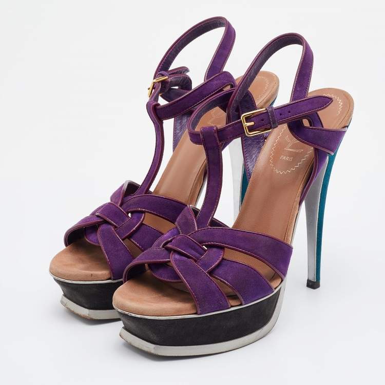 Pre Owned Yves Saint Laurent Multicolor Suede and Leather Tribute Sandals Size 37
