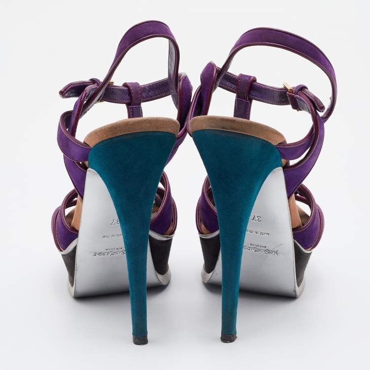 Pre Owned Yves Saint Laurent Multicolor Suede and Leather Tribute Sandals Size 37