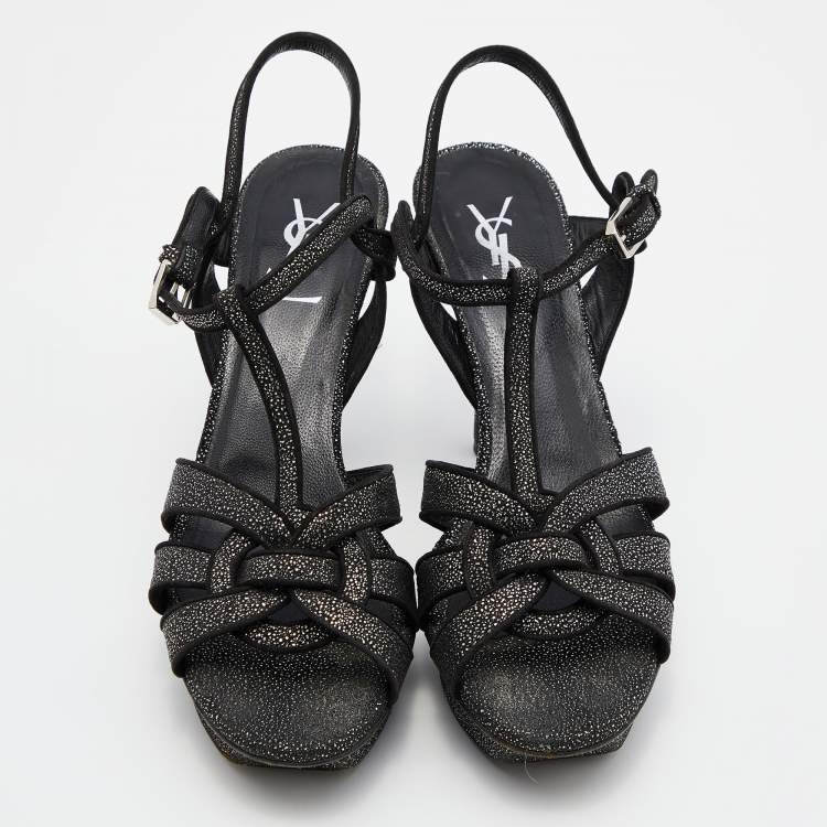 مملوكة مسبقًا Yves Saint Laurent Black Textured Suede Tribute Sandals Size 39.5