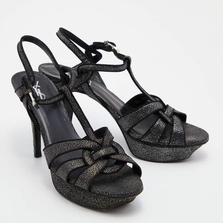 مملوكة مسبقًا Yves Saint Laurent Black Textured Suede Tribute Sandals Size 39.5