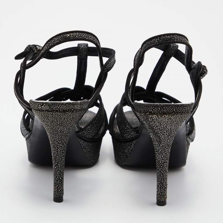 مملوكة مسبقًا Yves Saint Laurent Black Textured Suede Tribute Sandals Size 39.5