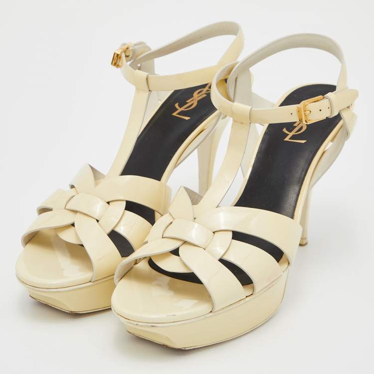 Pre Owned Yves Saint Laurent Off White Patent Leather Tribute Sandals Size 40