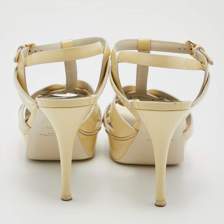 Pre Owned Yves Saint Laurent Off White Patent Leather Tribute Sandals Size 40