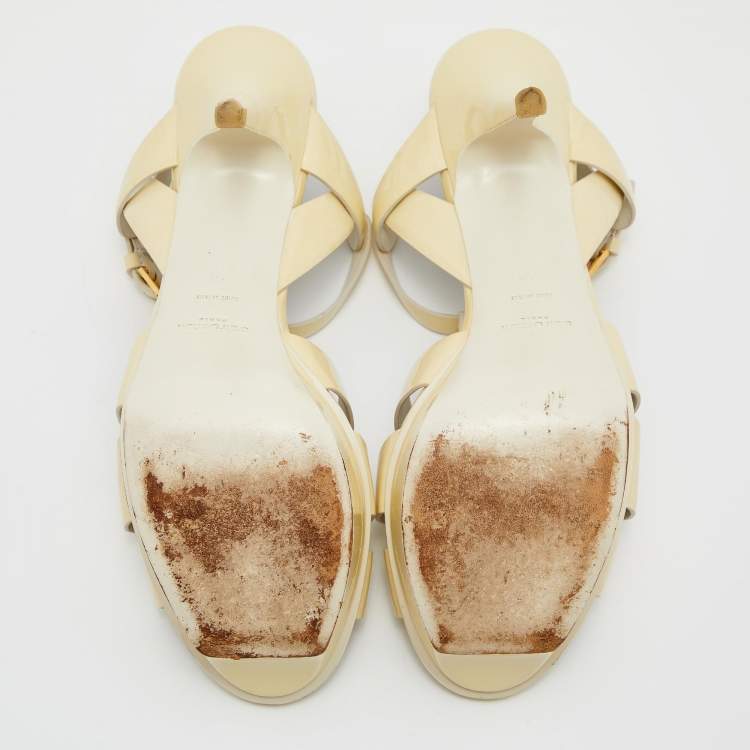 Pre Owned Yves Saint Laurent Off White Patent Leather Tribute Sandals Size 40