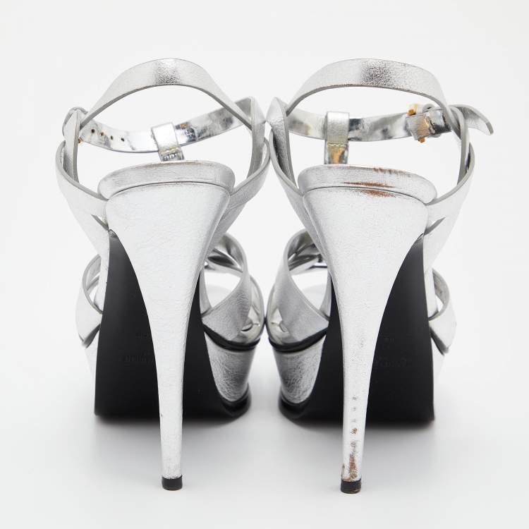Pre Owned Yves Saint Laurent Silver Leather Tribute Sandals Size 39