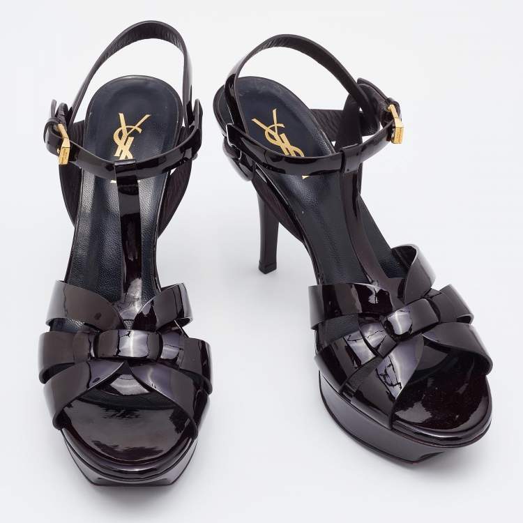Pre Owned Yves Saint Laurent Burgundy Patent Leather Tribute Sandals Size 39