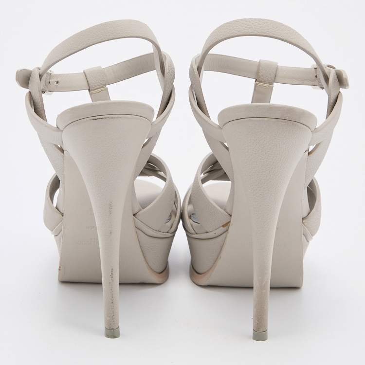 Pre Owned Yves Saint Laurent Grey Leather Tribute Sandals Size 38.5