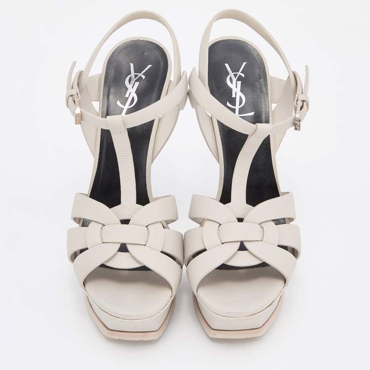 Pre Owned Yves Saint Laurent Grey Leather Tribute Sandals Size 38.5