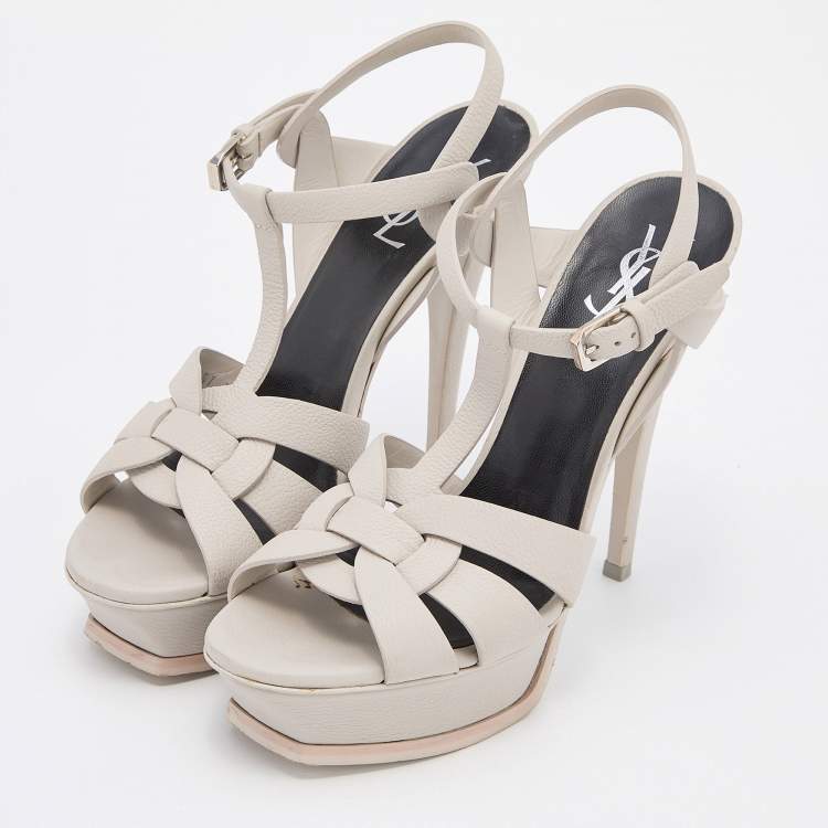 Pre Owned Yves Saint Laurent Grey Leather Tribute Sandals Size 38.5