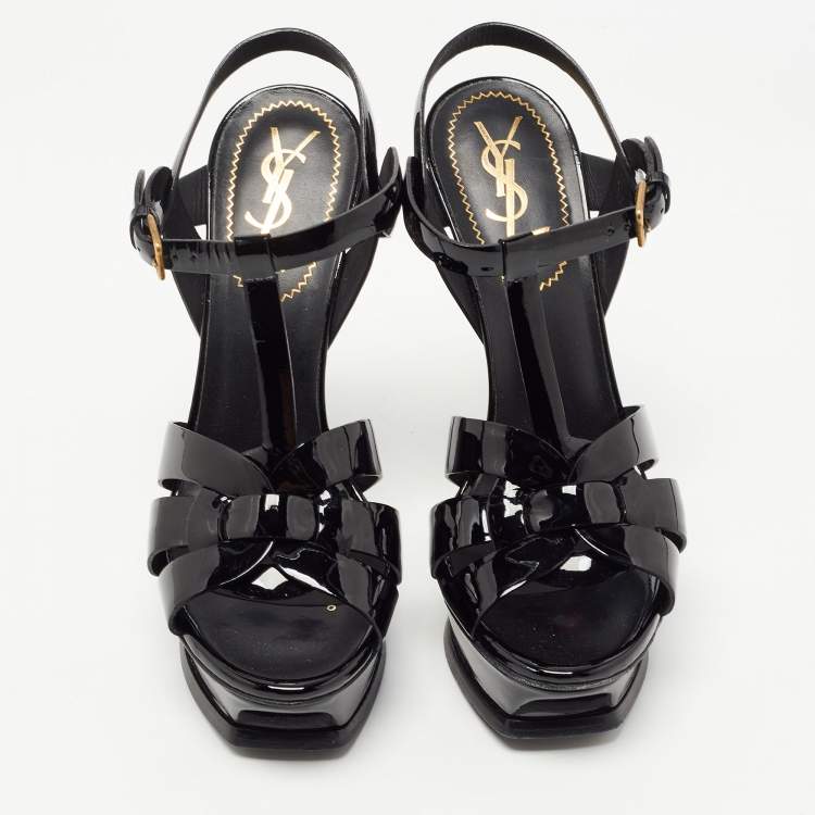 Pre Owned Yves Saint Laurent Black Patent Leather Tribute Sandals Size 37