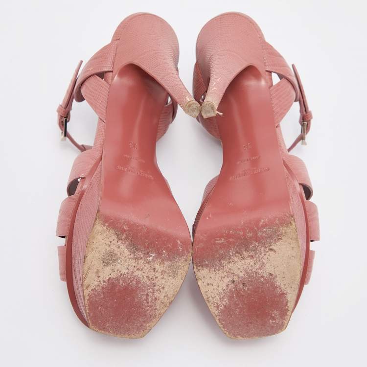 Pre Owned Yves Saint Laurent Old Rose Lizard Embossed Leather Tribute Sandals Size 38