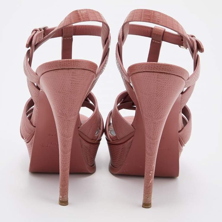 Pre Owned Yves Saint Laurent Old Rose Lizard Embossed Leather Tribute Sandals Size 38