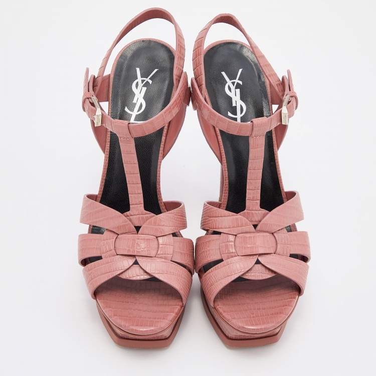 Pre Owned Yves Saint Laurent Old Rose Lizard Embossed Leather Tribute Sandals Size 38