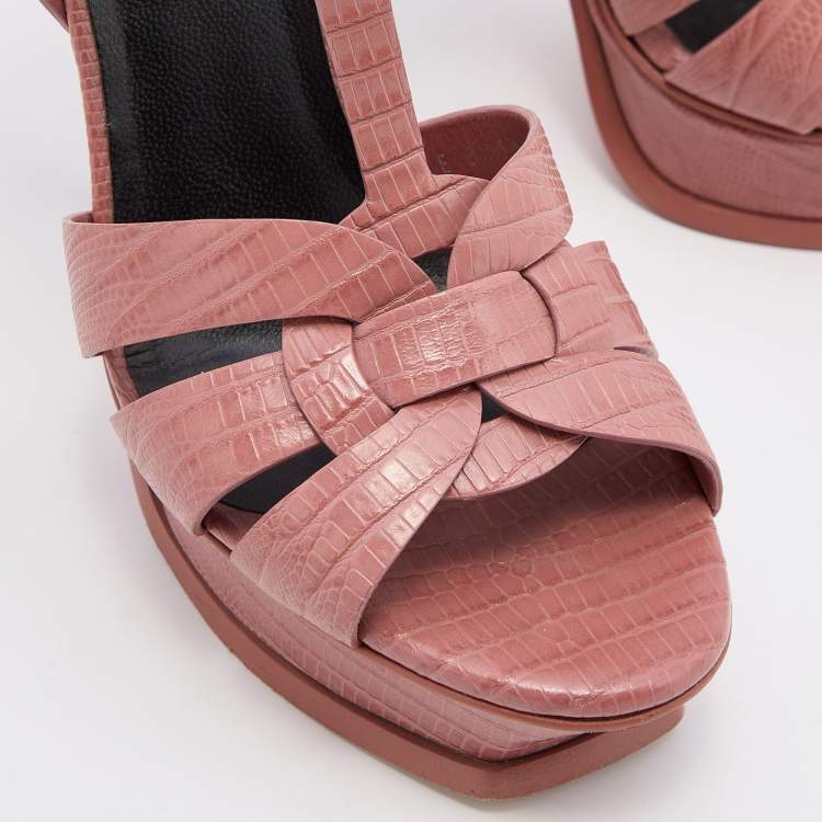 Pre Owned Yves Saint Laurent Old Rose Lizard Embossed Leather Tribute Sandals Size 38