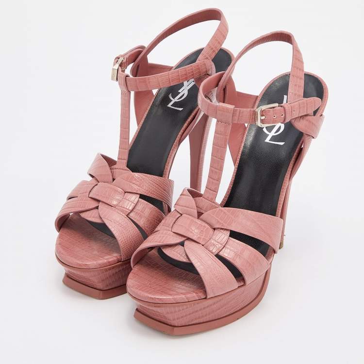 Pre Owned Yves Saint Laurent Old Rose Lizard Embossed Leather Tribute Sandals Size 38