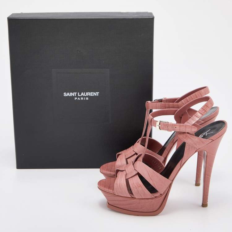 Pre Owned Yves Saint Laurent Old Rose Lizard Embossed Leather Tribute Sandals Size 38