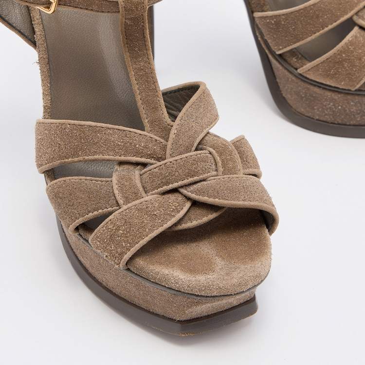 مملوكة مسبقًا Yves Saint Laurent Grey Suede Tribute Platform Ankle Strap Sandals Size 37