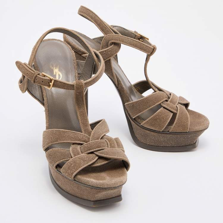 مملوكة مسبقًا Yves Saint Laurent Grey Suede Tribute Platform Ankle Strap Sandals Size 37
