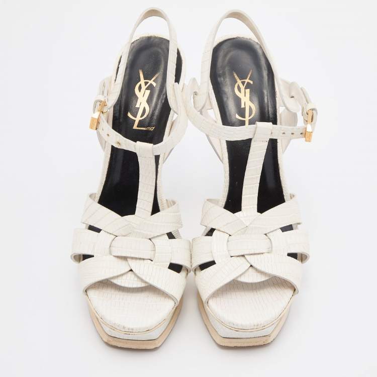 Pre Owned Yves Saint Laurent White Lizard Embossed Leather Tribute Ankle Strap Sandals Size 37
