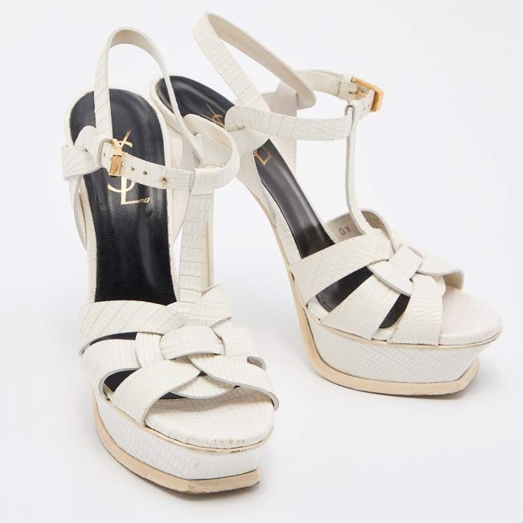 Pre Owned Yves Saint Laurent White Lizard Embossed Leather Tribute Ankle Strap Sandals Size 37