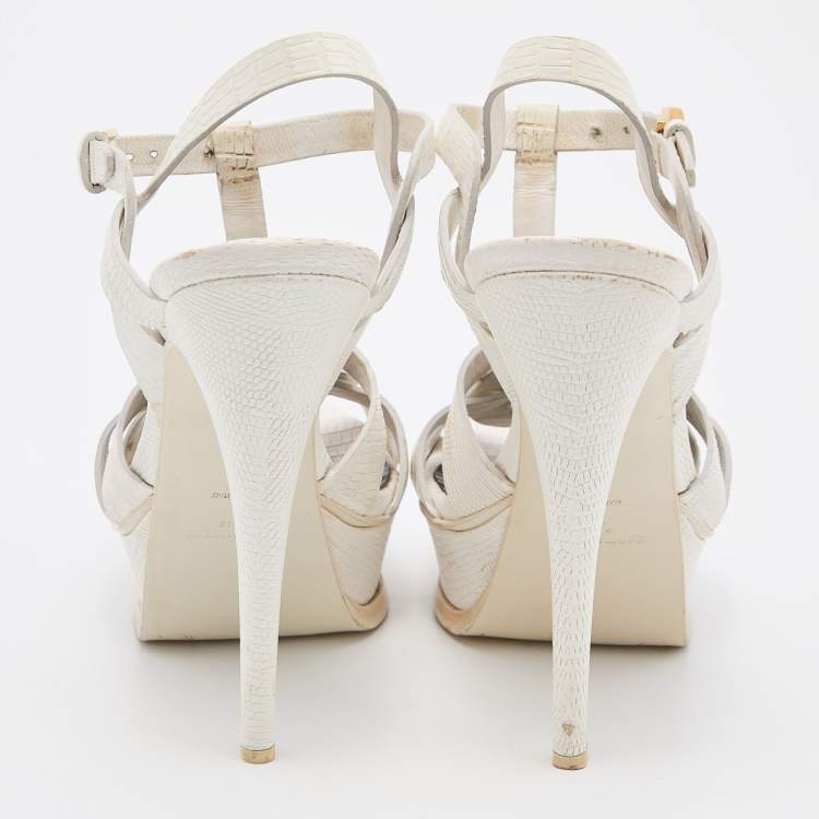 Pre Owned Yves Saint Laurent White Lizard Embossed Leather Tribute Ankle Strap Sandals Size 37