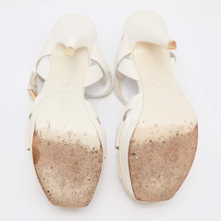 Pre Owned Yves Saint Laurent White Lizard Embossed Leather Tribute Ankle Strap Sandals Size 37