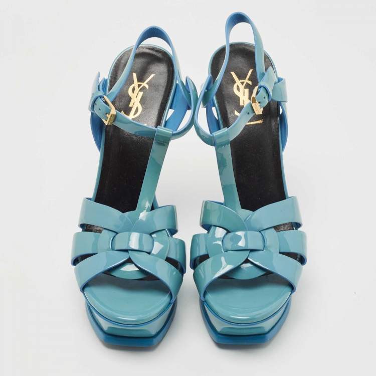 Pre Owned Yves Saint Laurent Blue Patent Leather Tribute Sandals Size 38.5