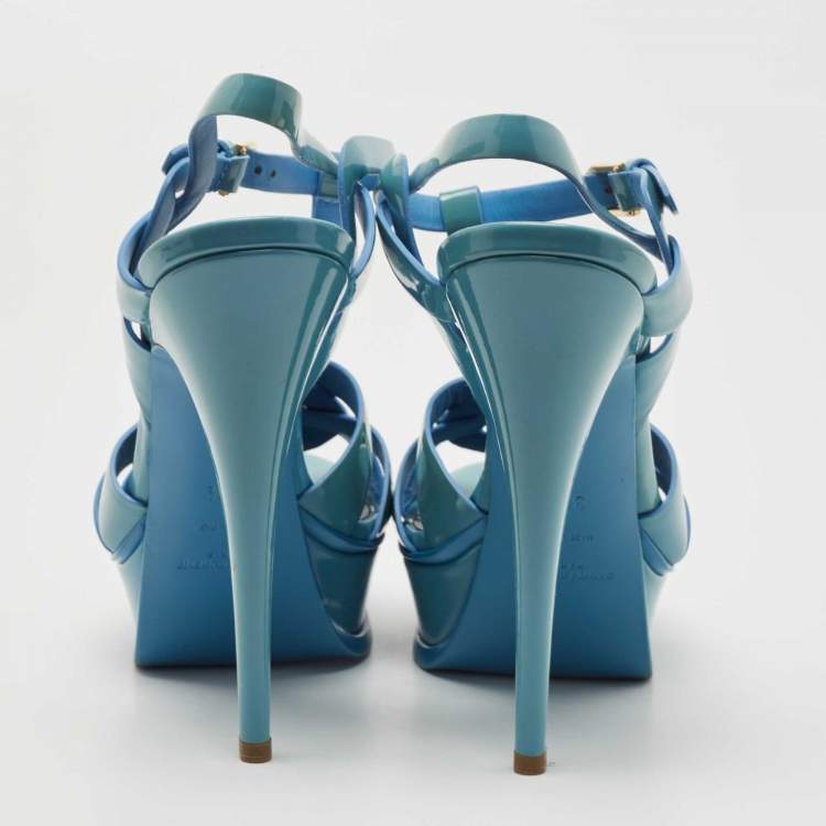 Pre Owned Yves Saint Laurent Blue Patent Leather Tribute Sandals Size 38.5
