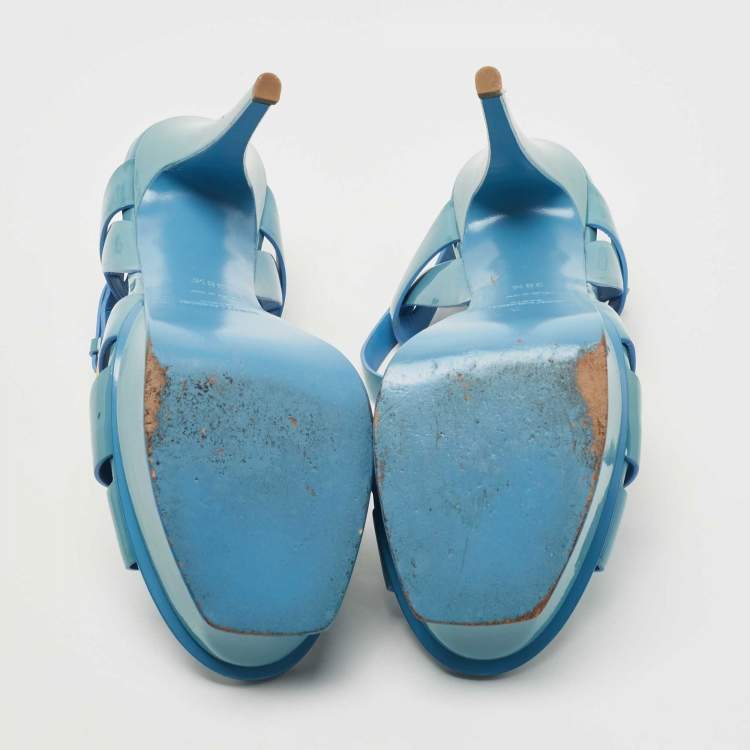 Pre Owned Yves Saint Laurent Blue Patent Leather Tribute Sandals Size 38.5